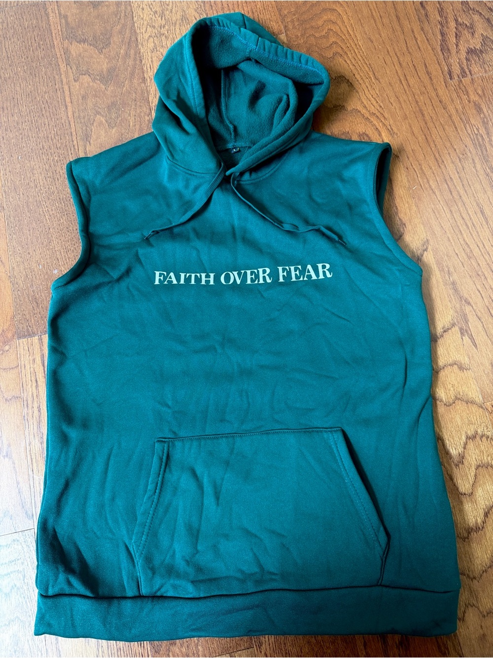 Sleeveless Hoodie with "Faith Over Fear" Graphic - Teal Green | Size L